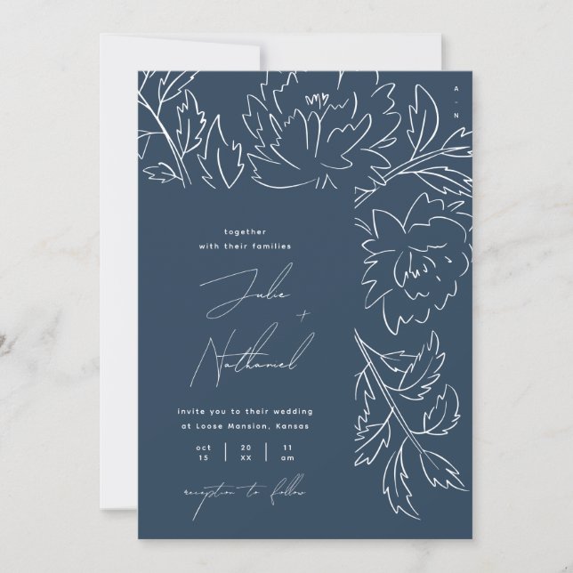 Navy Blue Winter Botanical Wedding Invitation (Front)