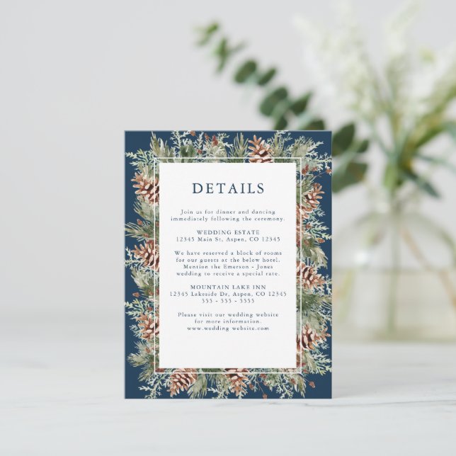 Navy Blue Winter Greenery Wedding Enclosure Cards (Standing Front)