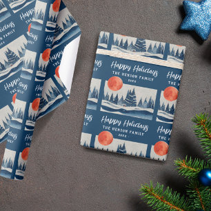 Navy Blue Winter Landscape Forest Moon Drawing  Wrapping Paper