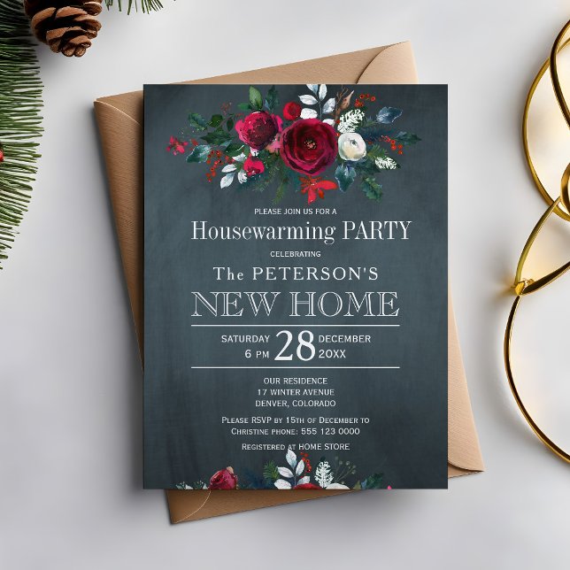Navy Blue Winter Rustic Floral Housewarming Party Invitation (Creator Uploaded)