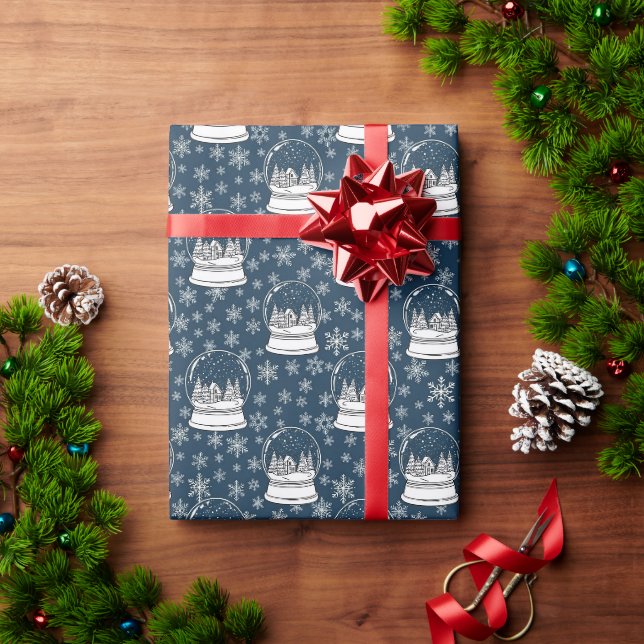 Navy Blue Winter Snow Globe & Cabin Sketch Pattern Wrapping Paper (Holiday Gift)