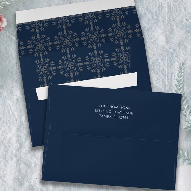 Navy Blue Winter Snowflake Pattern Custom Envelope (Navy blue and silver snowflake pattern envelope with return address printed)