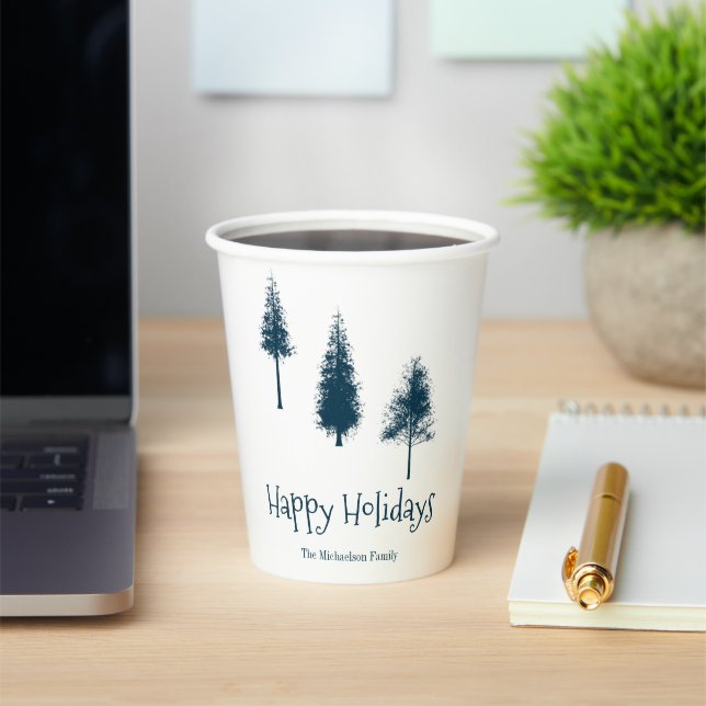 Navy Blue Winter Trees Paper Cups (Insitu)
