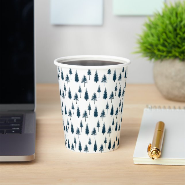 Navy Blue Winter Trees Paper Cups (Insitu)