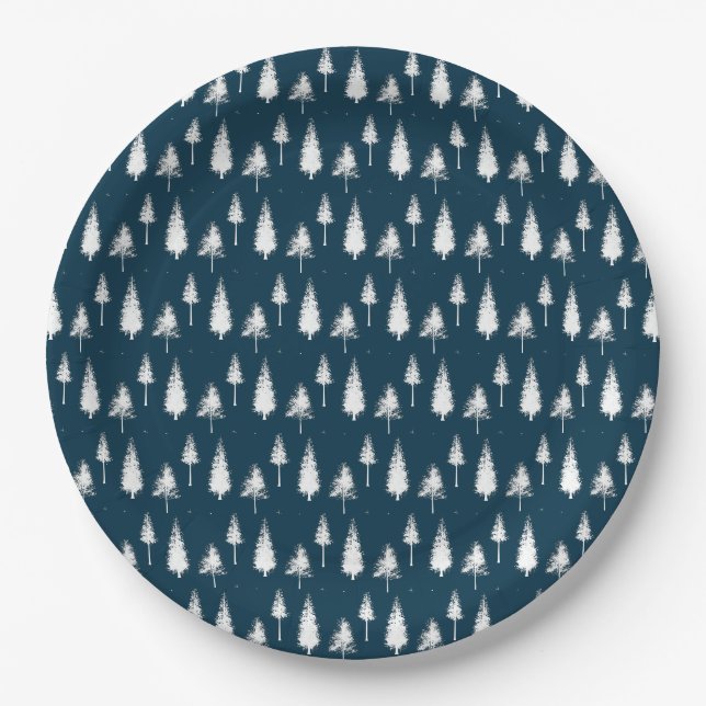 Navy Blue Winter Trees Paper Plate (Front)