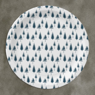 Navy Blue Winter Trees Paper Plate