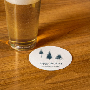 Navy Blue Winter Trees Round Paper Coaster