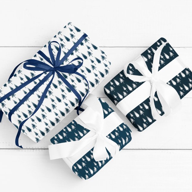 Navy Blue Winter Trees Wrapping Paper Sheet (Creator Uploaded)