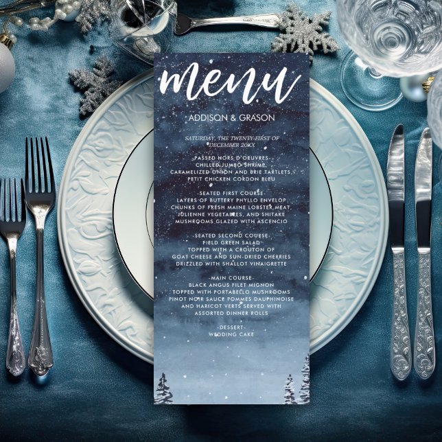 Navy Blue Wintery Watercolor Night Wedding Menu (Winter wonderland watercolor snow night wedding menu card for and elegant winter wedding reception.)
