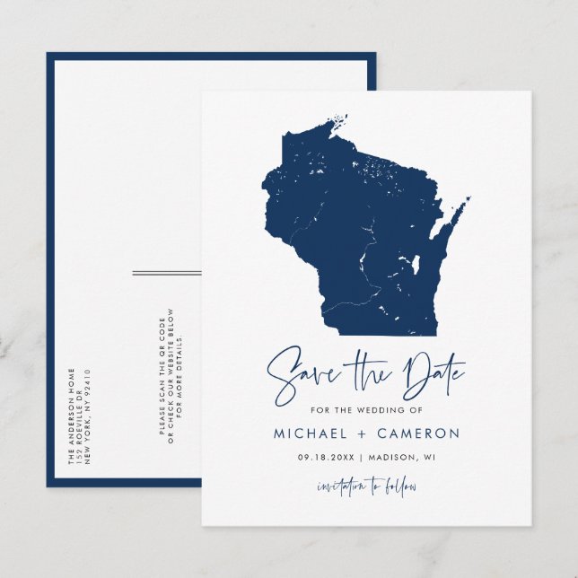 Navy Blue Wisconsin Map QR Code Save the Date Announcement Postcard (Front/Back)