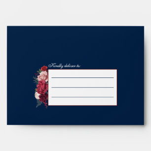 Navy Blue With Burgundy Flowers Wedding Script Envelope