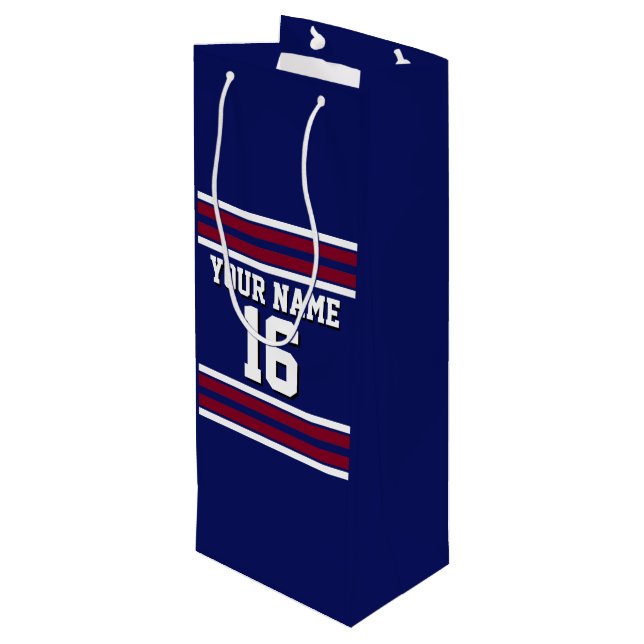 Navy Blue with Burgundy White Stripes Team Jersey Wine Gift Bag (Back Angled)