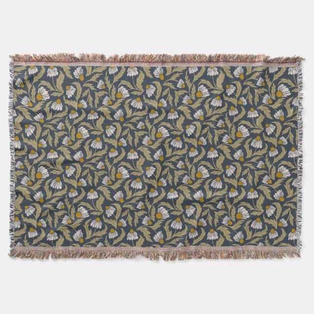 Navy Blue with Coneflowers Floral Throw Blanket (Front)