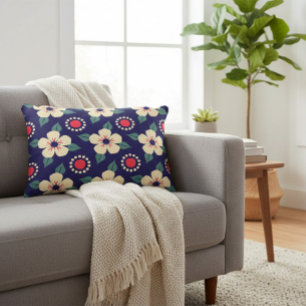 Navy Blue with Cream Flowers Decorative Cushion