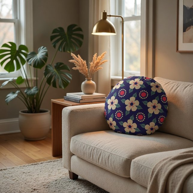 Navy Blue with Cream Flowers Round Cushion (Creator Uploaded)