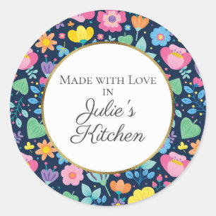 Navy Blue with Cute Flowers Gold Food Gift Sticker