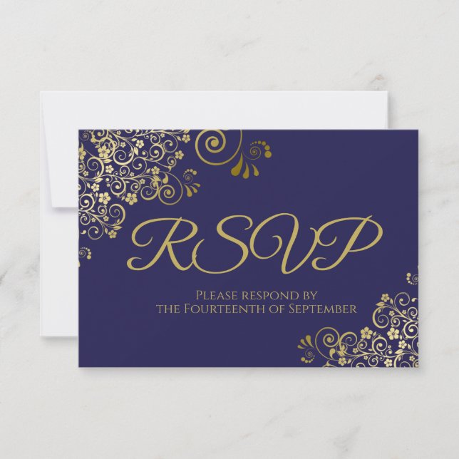 Navy Blue with Elegant Gold Lace Wedding RSVP Card (Front)