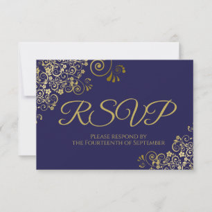 Navy Blue with Elegant Gold Lace Wedding RSVP Card