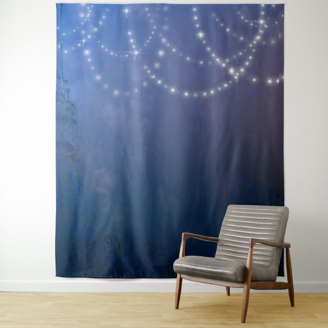 Navy Blue with Fairy Lights Photo Tapestry (In Situ)
