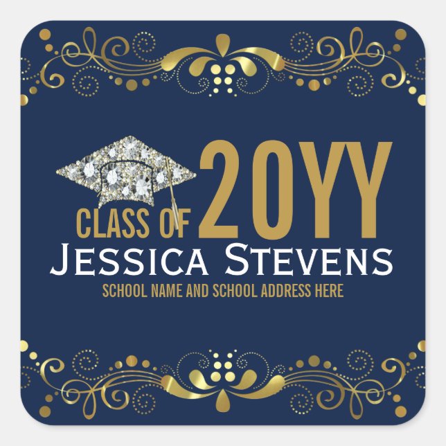 Navy Blue With Faux Gold Lace & Diamonds Grad Hat Square Sticker (Front)