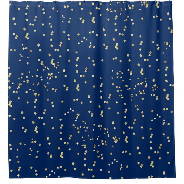 Navy Blue with gold confetti scattered polka dots Shower Curtain (Front)