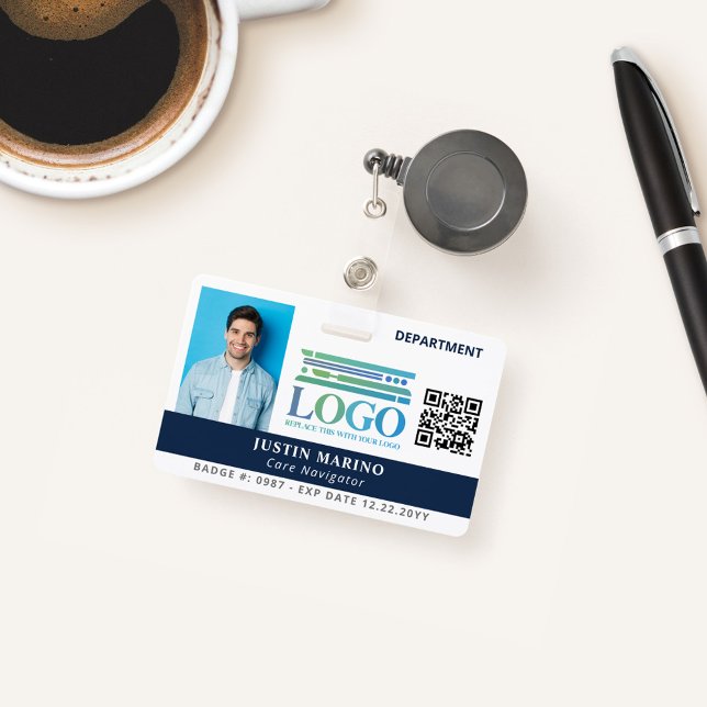 Navy Blue with Logo Photo QR Code Employee ID Badge (Creator Uploaded)