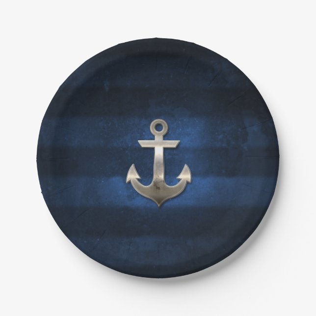 Navy Blue with Metal Anchor Paper Plate (Front)