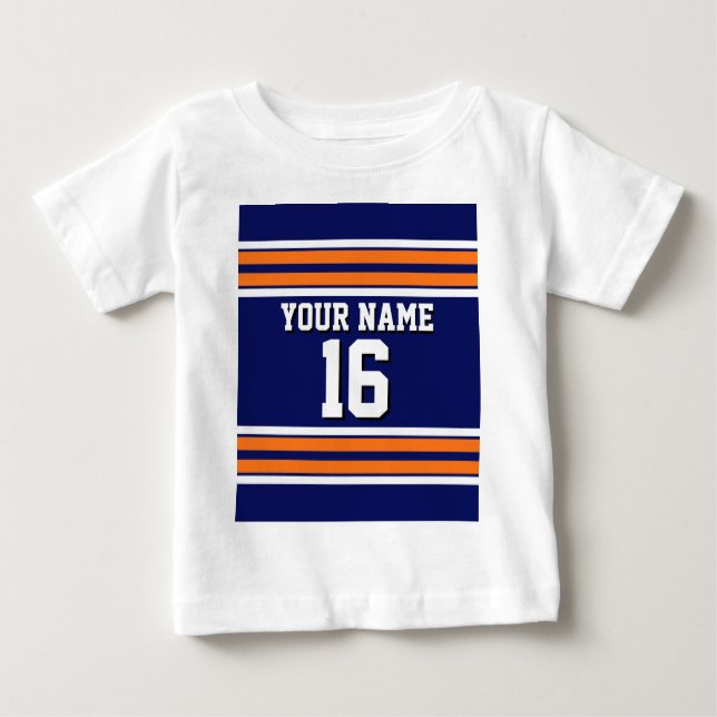 Navy Blue with Orange White Stripes Team Jersey Baby T-Shirt (Front)