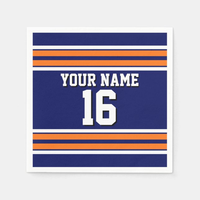 Navy Blue with Orange White Stripes Team Jersey Napkin (Front)
