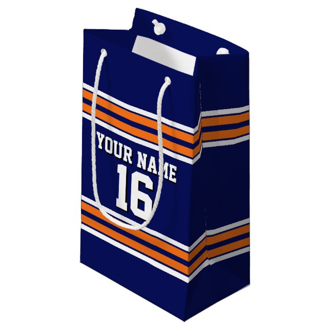 Navy Blue with Orange White Stripes Team Jersey Small Gift Bag (Front Angled)