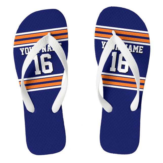 Navy Blue with Orange White Stripes Team Jersey Thongs (Footbed)