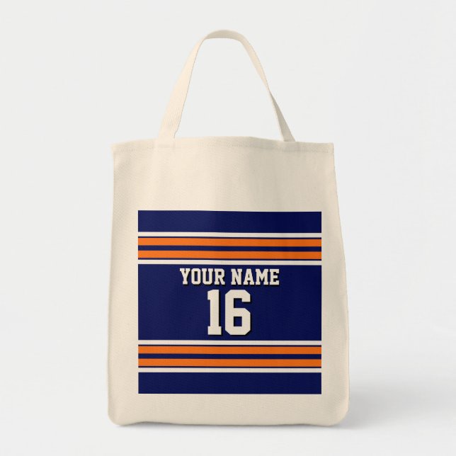 Navy Blue with Orange White Stripes Team Jersey Tote Bag (Front)