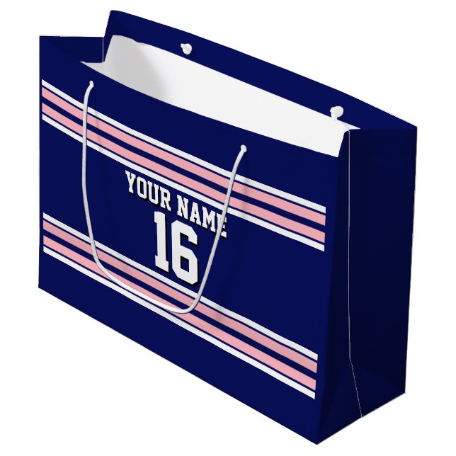Navy Blue with Pink White Stripes Team Jersey Large Gift Bag (Front Angled)