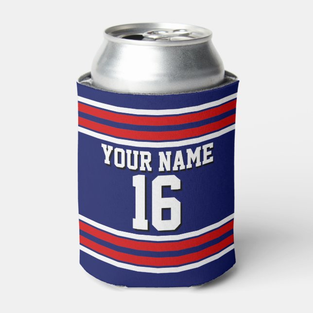 Navy Blue with Red White Stripes Team Jersey Can Cooler (Can Front)