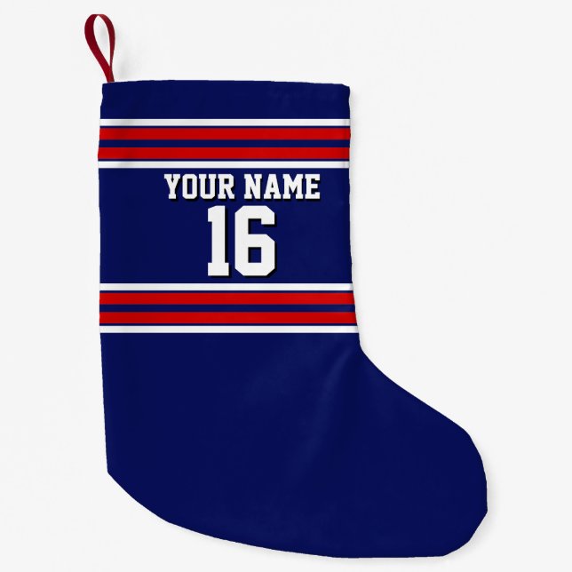 Navy Blue with Red White Stripes Team Jersey Small Christmas Stocking (Front)