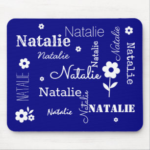 Navy Blue with White Flowers, Customised Mouse Pad