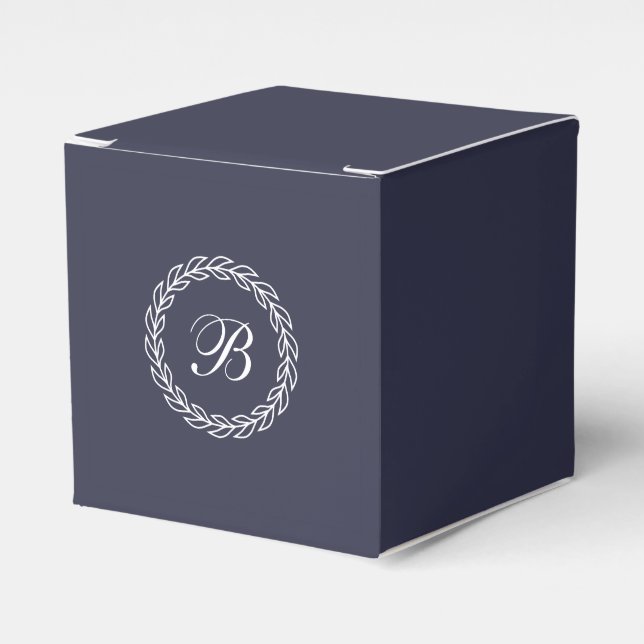 Navy Blue with  White Laurel Wreath with Monogram Favour Box (Front Side)