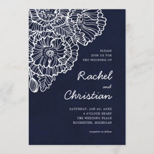 Navy blue with white line art poppy flowers invitation
