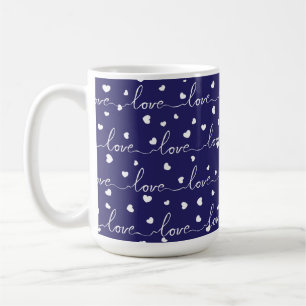 NAVY BLUE WITH WHITE SCRIPTED LOVE WITH HEARTS COFFEE MUG
