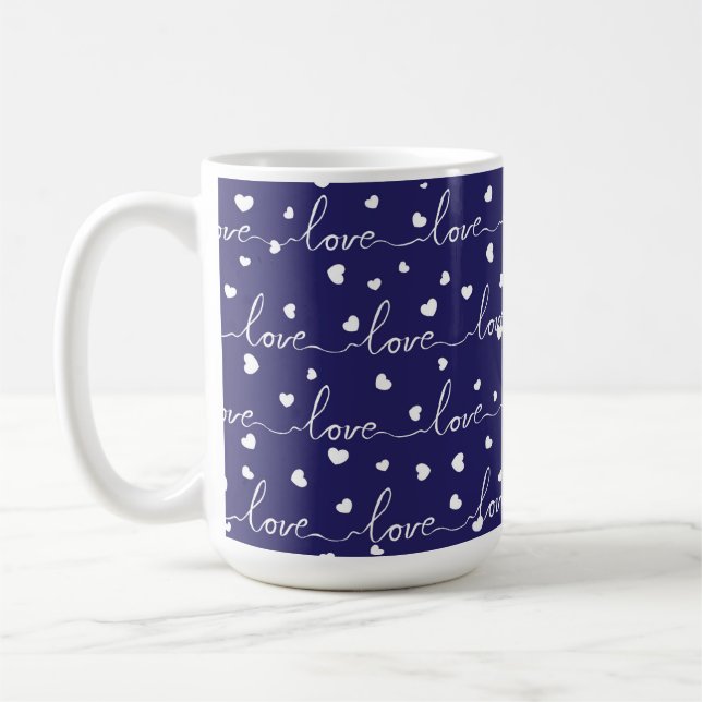 NAVY BLUE WITH WHITE SCRIPTED LOVE WITH HEARTS COFFEE MUG (Left)