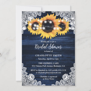 Navy Blue Wood and Lace Sunflower Bridal Shower Invitation