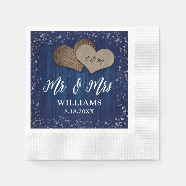 Navy Blue Wood Burlap Hearts Mr. & Mrs. Wedding Napkin (Front)
