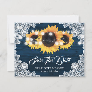 Navy Blue Wood Burlap Lace Sunflower Wedding Announcement