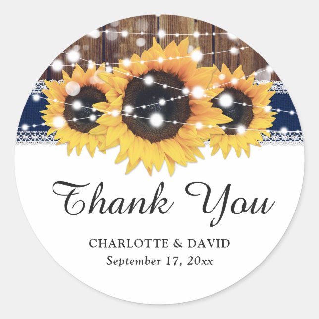 Navy Blue Wood Burlap Lace Sunflower Wedding Classic Round Sticker (Front)