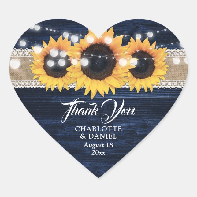 Navy Blue Wood Burlap Lace Sunflower Wedding Favor Heart Sticker (Front)