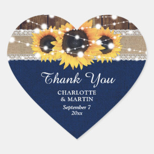 Navy Blue Wood Burlap Lace Sunflower Wedding Heart Sticker