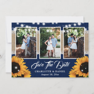 Navy Blue Wood Burlap Lace Sunflower Wedding Photo Save The Date