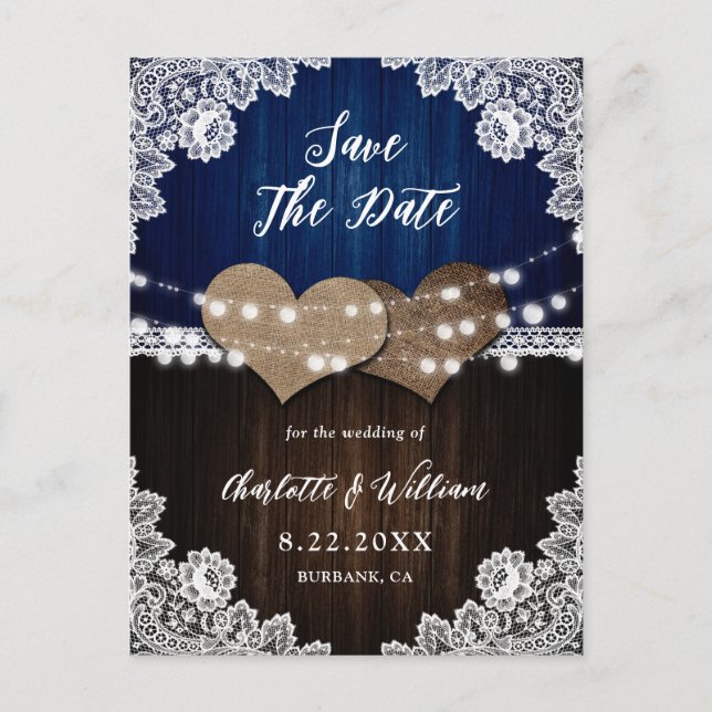 Navy Blue Wood Burlap Lace Wedding Save The Date Announcement Postcard (Front)