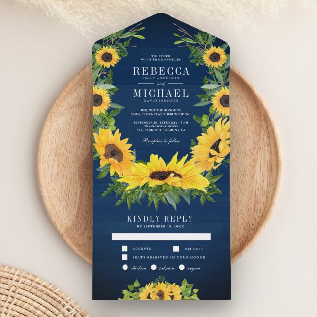 Navy Blue Wood Country Sunflowers Garland Wedding All In One Invitation (Creator Uploaded)