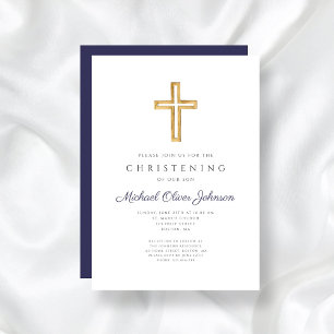 Navy Blue Wood Cross Religious Boy Christening  Invitation